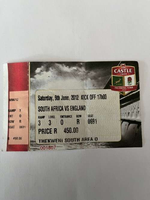 Sporting Memorabilia Rugby Ticket SouthAfrica vs England 09/06