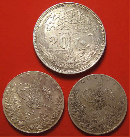 Africa - Egyptian Silver Coins: 2 x 10-Qirsh of 1876 & 1909, and 20 ...