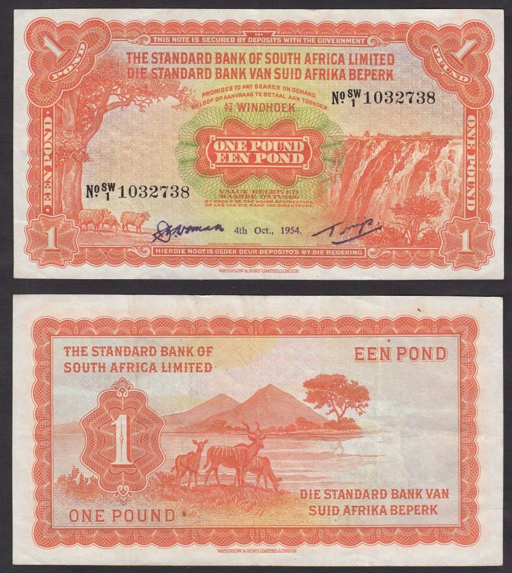 Africa South West Africa (Windhoek) Standard Bank 1 Pound 4 Oct 1954