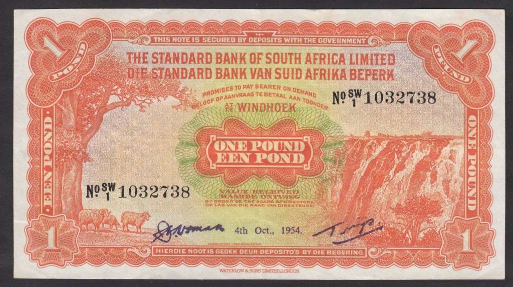 Africa South West Africa (Windhoek) Standard Bank 1 Pound 4 Oct 1954
