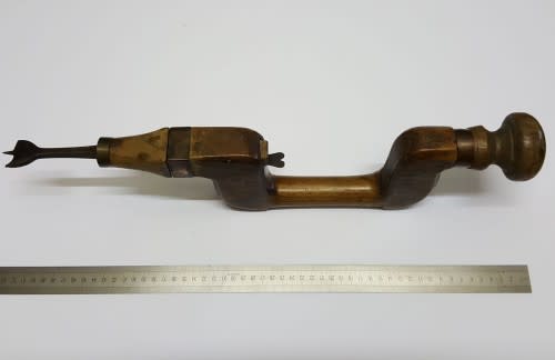 Tools - Rare Antique Auger Bit & Brace Hand Drill Wood & Brass was sold
