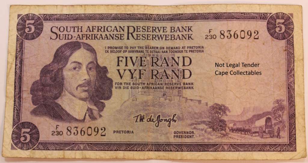 TW de Jongh - South Africa 5 Rand Bank Note de Jongh 1976 Circulated VF ...