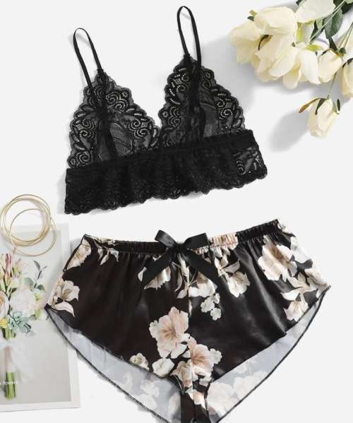 Bras & Bra Sets Crazy Easter Sale Floral Lace Satin lingerie set