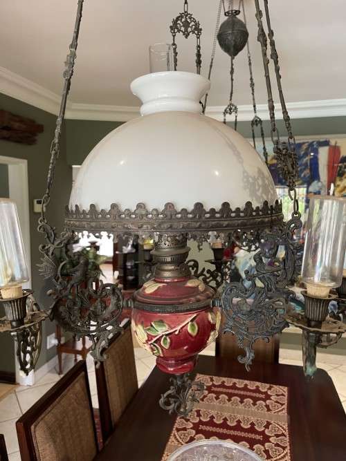 Chandeliers Two art Nouveau Dutch cast iron and Majolica hanging