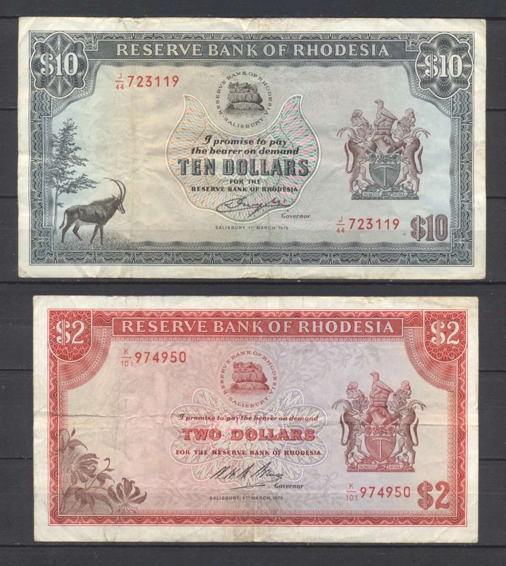 Africa - Rhodesia $10 (1967) & $2 (1975) Rhodes Watermark - Circulated ...