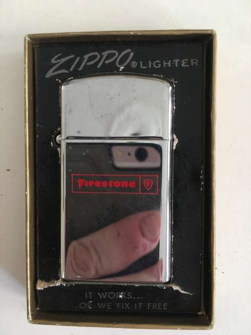 Smoking Accessories VINTAGE SLIM ZIPPO LIGHTER WITH FIRESTONE LOGO IN ORIGINAL BOX for sale in