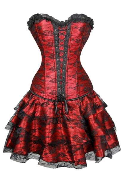 Corsets & Bustiers - Gorgeous Red Corset Dress With Floral Lace Overlay ...