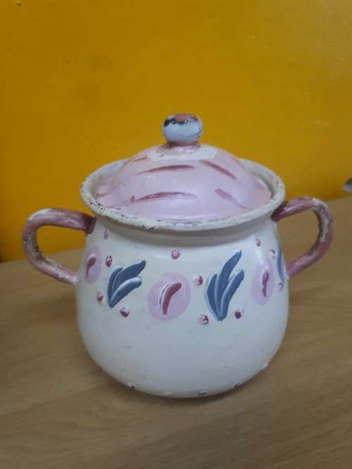 Enamelware Vintage Painted Enamel Sugar Pot for sale in Port