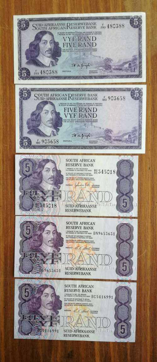 Other South African Bank Notes - South Africa collection of 5 old R5 ...