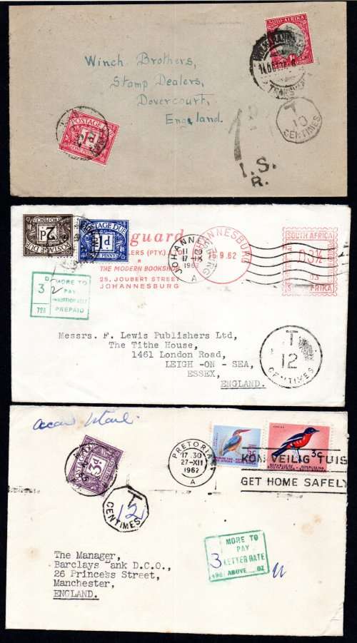 Union of South Africa GB (X3) TAXED COVERS FROM SA WITH