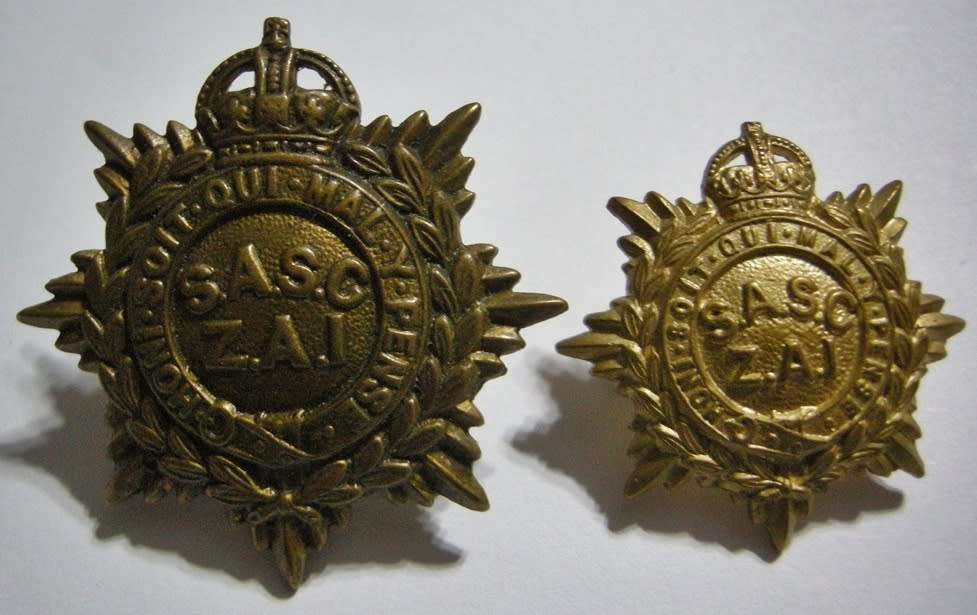 South African Army South African Service Corps Brass Cap Badge And One Gilt Collar Badge `z