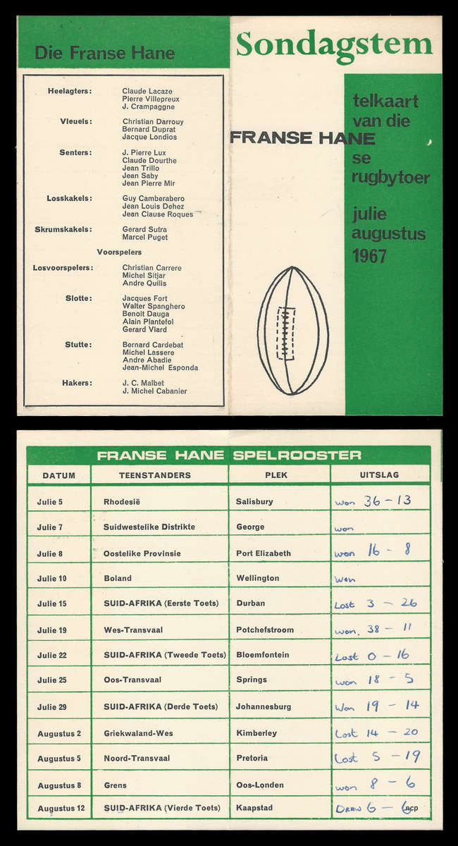 Republic of South Africa RUGBY. Score card of South African tour by