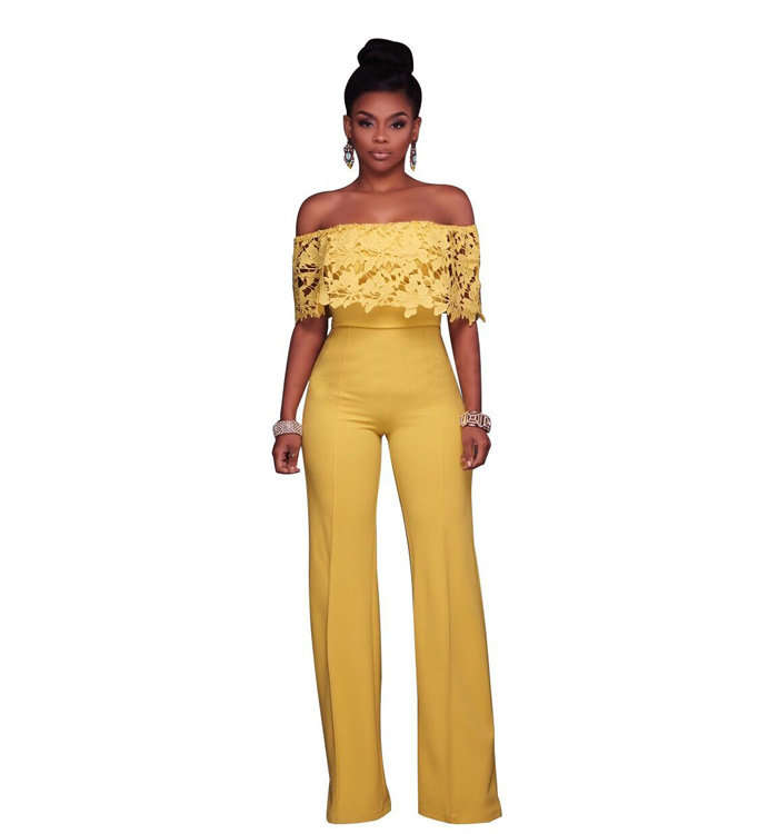 yellow off shoulder jumpsuit