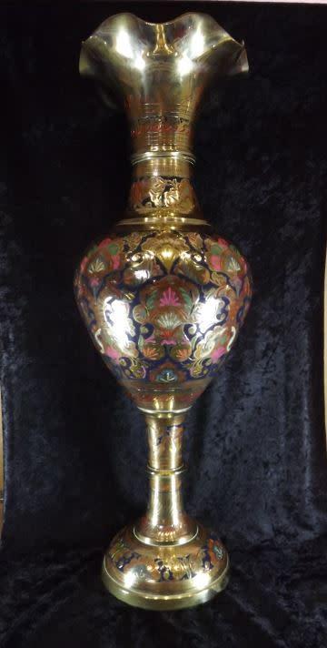 Brass 61cms Vintage Indian Engraved And Enameled Brass Vase