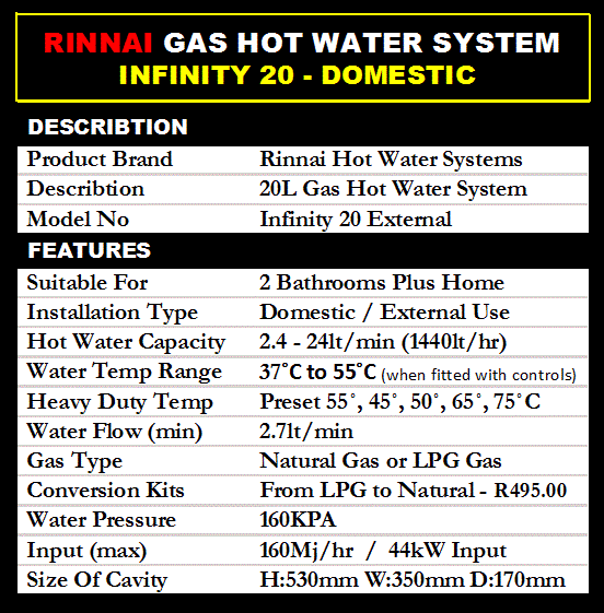 Geysers RINNAI 20L INFINITY GAS GEYSER (HOT WATER SYSTEM) EXTERNAL