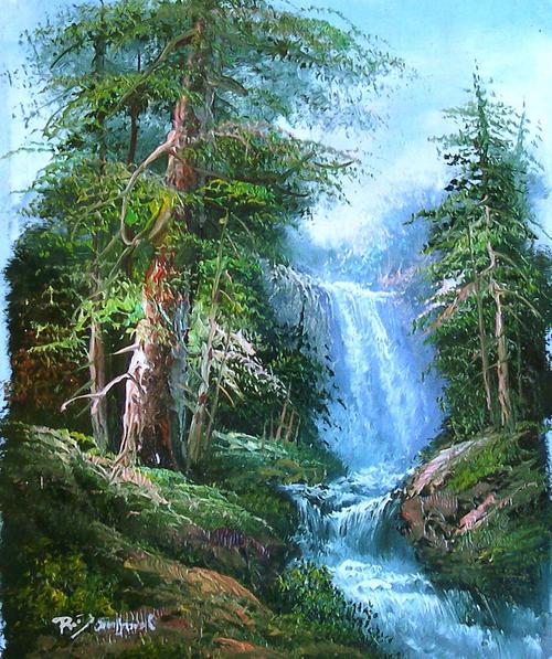 Oils - Landscape with waterfall by R Dunford. Oil painting on canvas ...