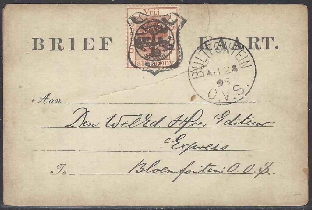 Orange Free State - OFS 1898 (AU 28) 1/2d 7th PTG Stamp B/Kaart ...