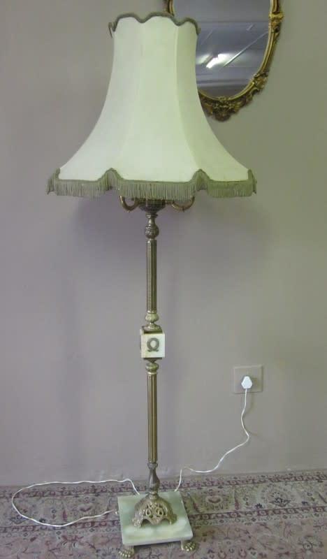 A Vintage Brass Marble Floor Standing Lamp W Victorian Style Shade Lifespace