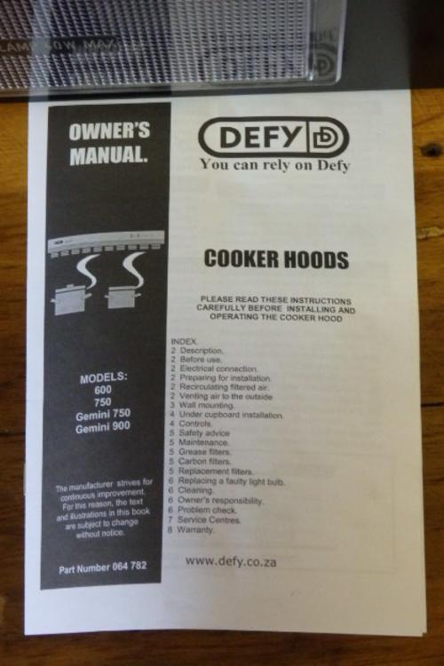 defy gemini 900 cooker hood manual