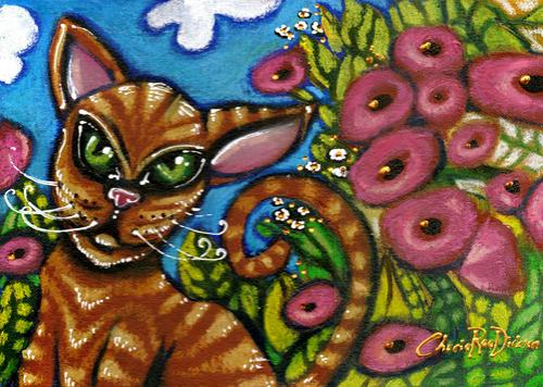 ABSTRACT ART --- CAT IN THE GARDEN ORIGINAL PAINTING by Cherie Roe Dirksen