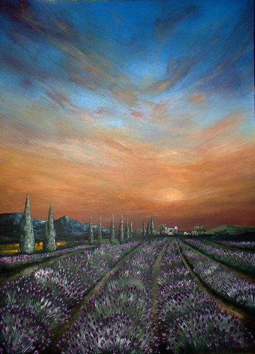 'Lavender Field at Sunset' HUGE Acrylic Painting by South African Artist, Cherie Dirksen
