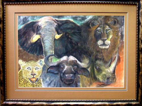 big five in south africa, oil on canvas,mike taljaard