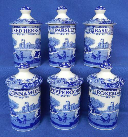 English Porcelain Spode Blue Italian Set Of Six Lidded Herb/Spice