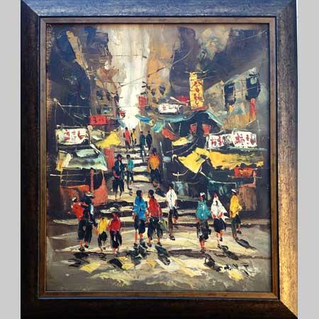 Oils - T CHAN (Chinese Artist). HONG KONG STREET SCENE. Orig oil