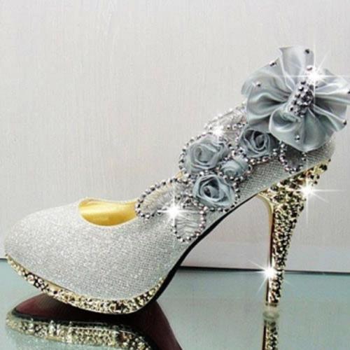 Sexy Diamond Embellished Round Closed Toe Super High Stiletto Silver Suede Wedding Shoes