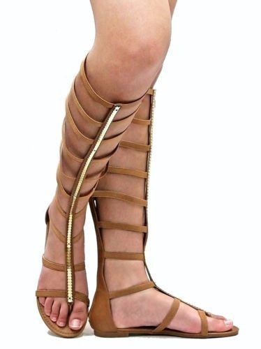 STRAPPY GLADIATOR KNEE-HIGH SANDALS - TAN