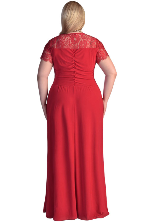 **PLUS SIZE** ELEGANT RED WITH LACE DETAILING EVENING GOWN