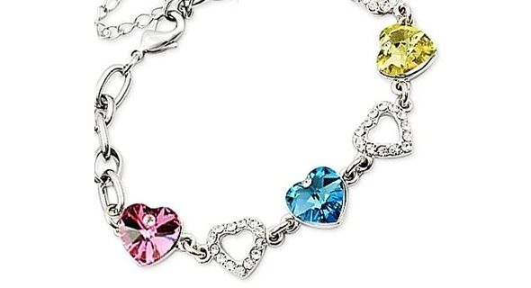 multi colour crystal hearts bracelet silver white  godl
