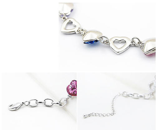 multi colour crystal hearts bracelet in white gold filled