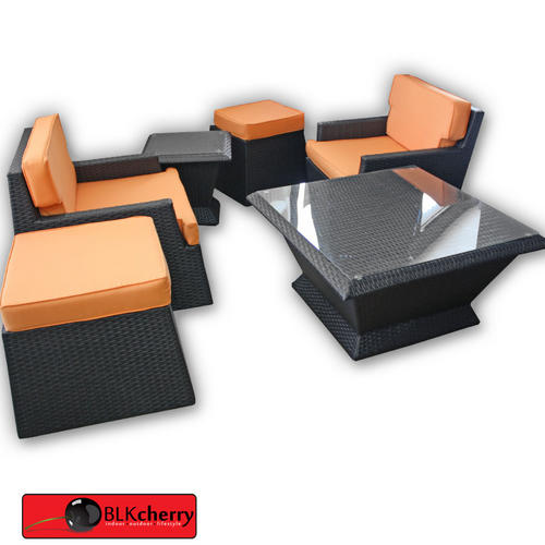 Black & Orange Poly Rattan Stackup - easy stackup storage - 6 piece set - includes cushions - includes coffee table with glass top - durable poly rattan finish. Waterproof and UV resistant