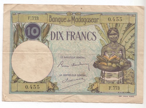 Madagascar 10 francs banknote