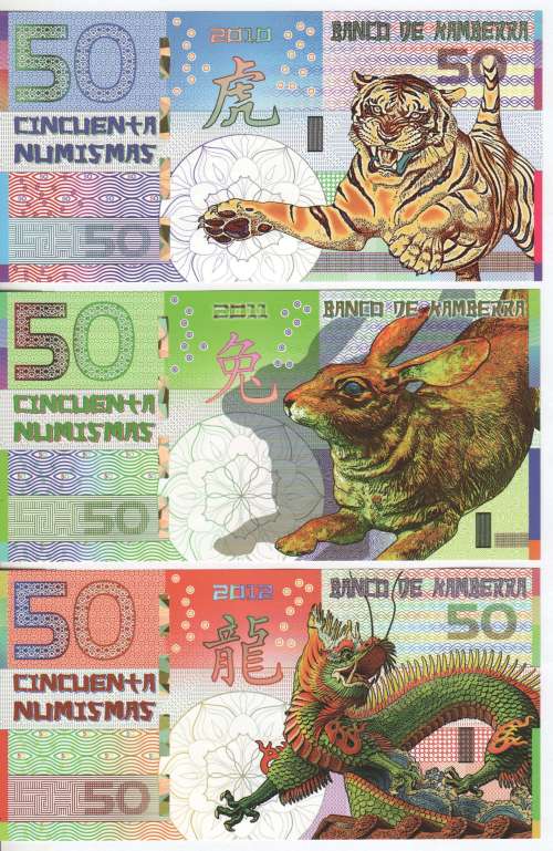 Private issue bill - Fun note - 50 Numismas - Set of 3 from 2010-2012 - All number 3163!