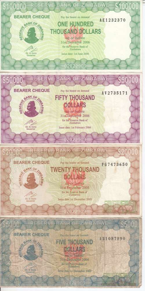 Lot of 4X Zimbabwe 2004-2006 bearer cheques