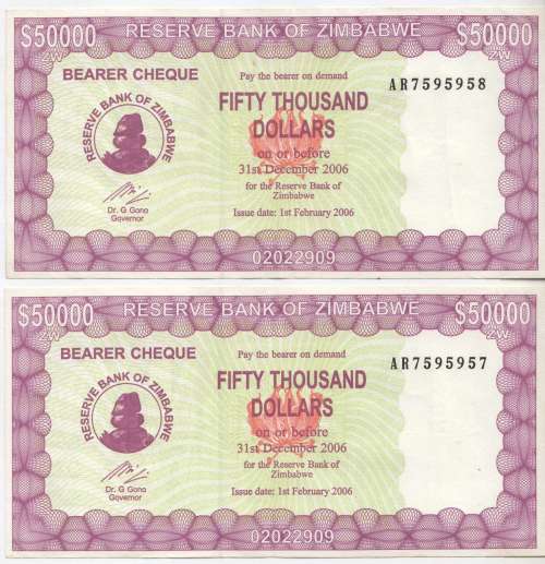 Zimbabwe 2006 series bearer cheque - 50 thousend dollars with RADAR number 7595957+consecutive note