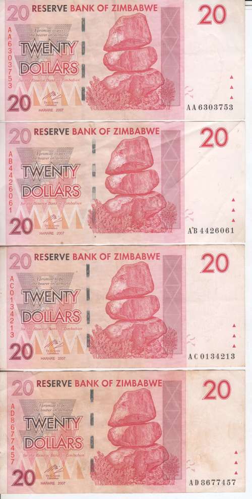 Lot of 4X Zimbabwe 20 dollar banknotes with prefix AA, AB, AC & AD
