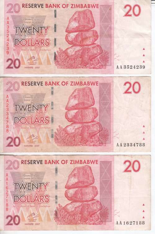 Lot of 5X Zimbabwe 20 dollar banknotes - All AA prefix - Numbers starting with 00, 0, 1, 2 & 3