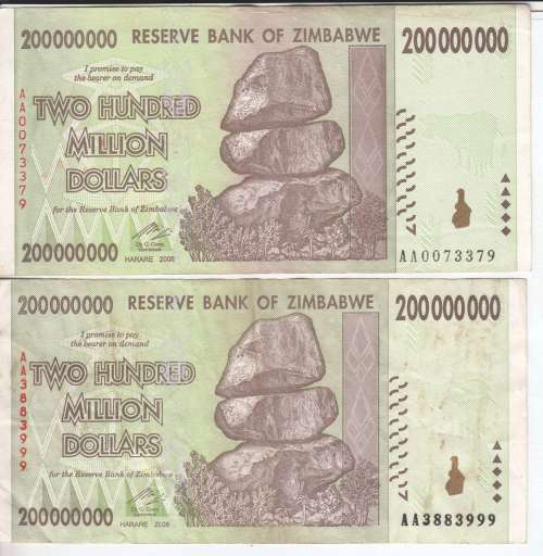Lot of 2X Zimbabwe 200 million dollar notes - Both AA prefix - One with double thick number print
