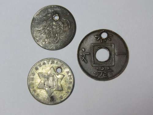 Lot of 3 antique holed coins - USA, Hong Kong and Egypt