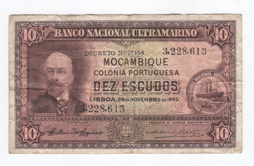 29 November 1945 Mozambique 10 Escudos banknote - # 3,228,613