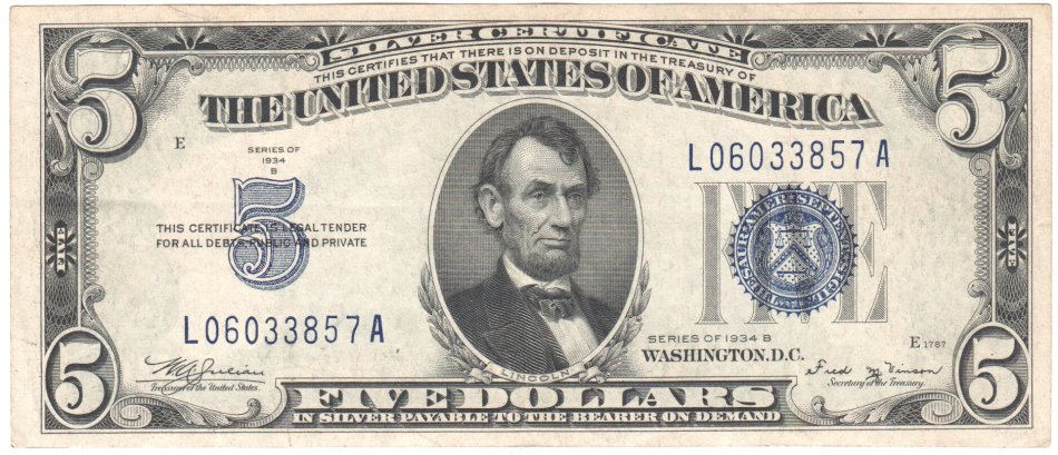 USA Silver Certificate series 1934 B 5 Dollars uncirculated