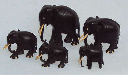 Wooden - RARE~ANTIQUE EBONY AND IVORY ELEPHANT FAMILY~5 ELLIES PERFECT