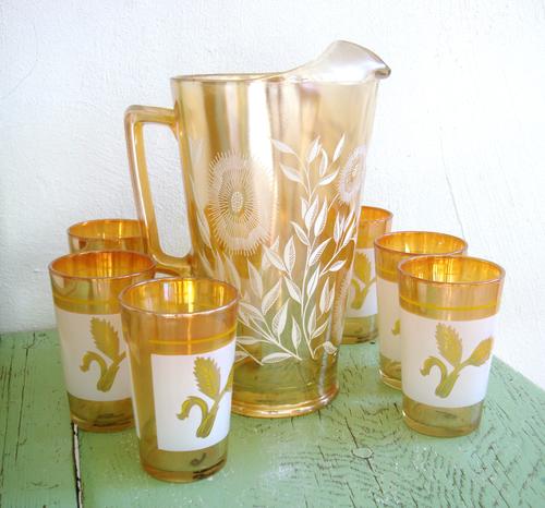 jeanette glass, depression glass, pitcher, jug, iridescent, floral