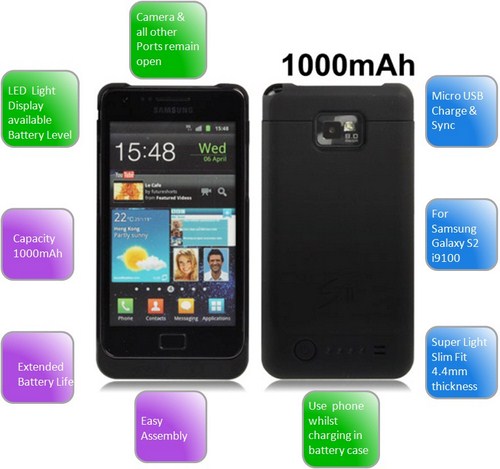 Extended Battery Power Pack Charger Case for Samsung Galaxy S2 i9100 - 1000mAh