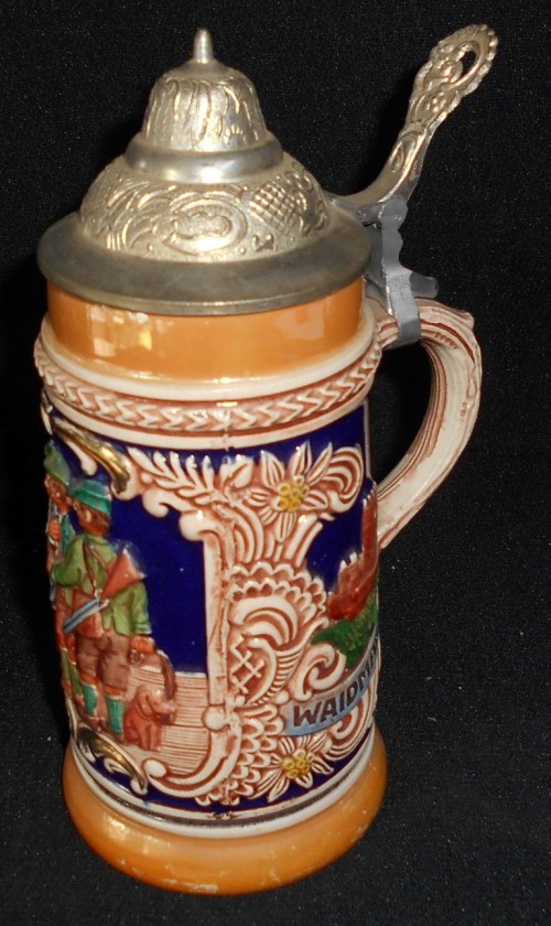 Vintage West German DBGM Ceramic Tankard withPewter Flip Lip