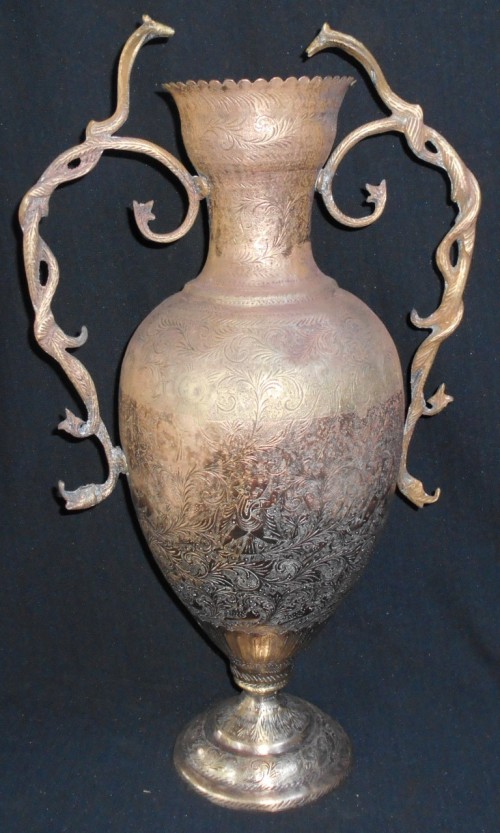 Massive Highly Detailed Brass Amphora Vase with Snake Head Handles