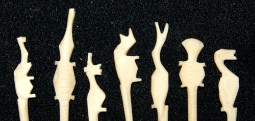 Vintage Set of 7 Hand Carved Bone Animal Shaped Cocktail Sticks
